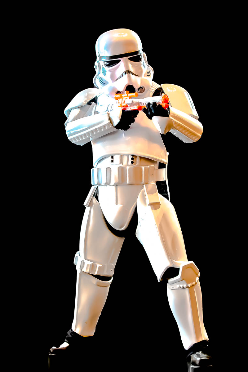 Stormtrooper portrait with dramatic lighting — shadows on white armor